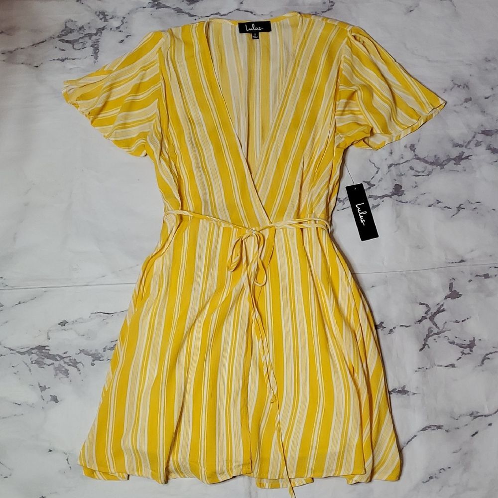 Lulu's Vibrant Yellow and White Striped Wrap Mini Dress - Picture 1 of 6